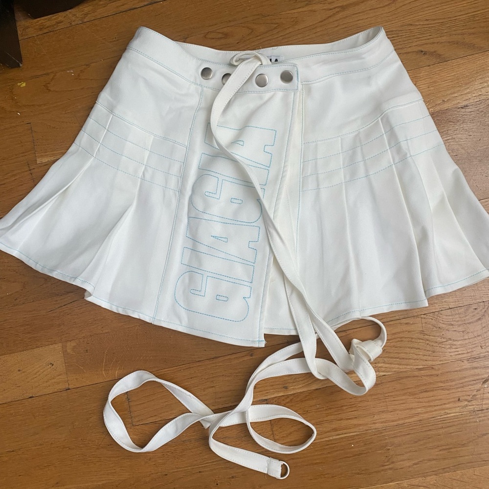 White Pleated Skirt with Lace-Up Detail
